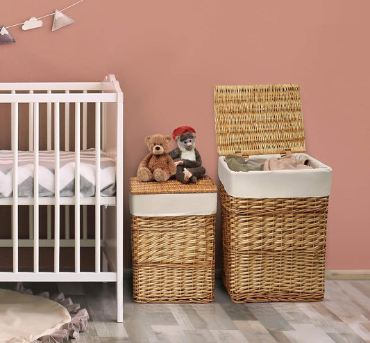 Wicker Nursery Laundry Hampers with Removable Liners and Hinged Lids – Set of 2 Large Clothes Storage Baskets for Baby, Kids, or Home Organization – White/White Finish