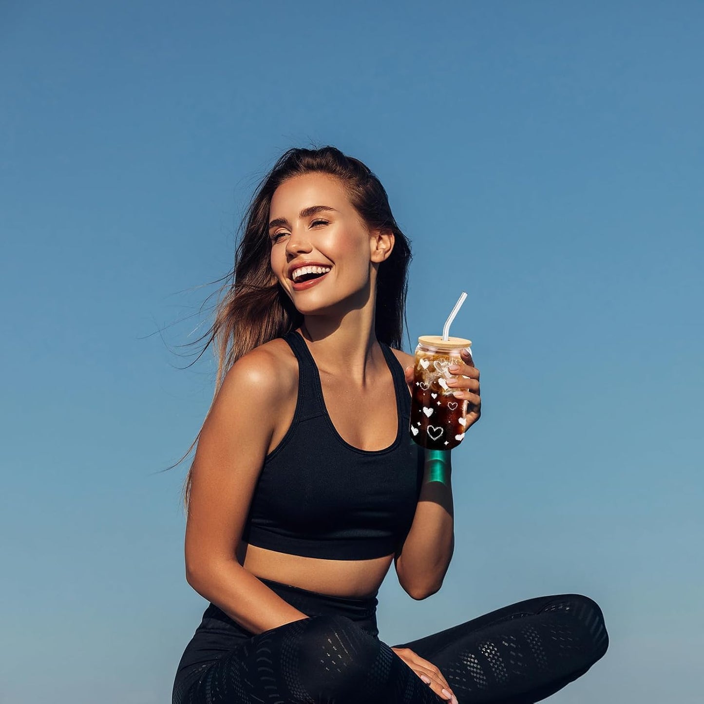 Glass Cups with Lids and Straws 1 Pack, 16 oz Glass Coffee Cup with Bamboo Lid, Glass Straw and Cleaning Brush, Iced Coffee Cup for Matcha, Soda, Tea and Daily Drinks