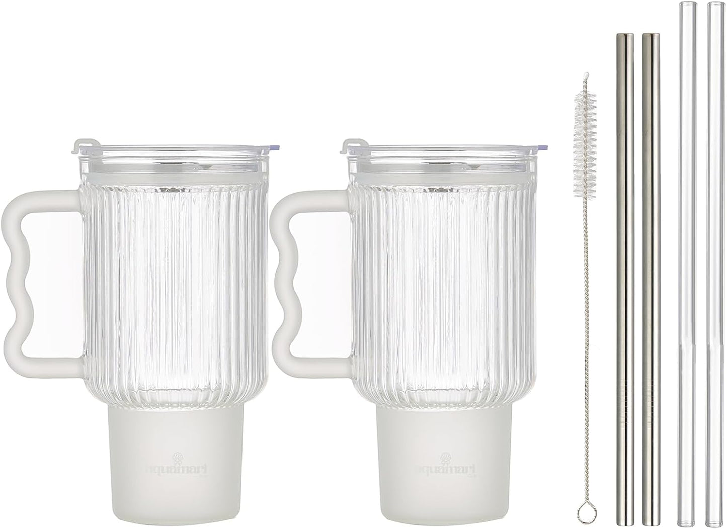 Ribbed Glass Tumbler with Lid and Straws 20oz – Set of 2 Borosilicate Glass Tumblers with Handle, Lids, and Straws – Iced Coffee Glass Cups, Glass Travel Cup, Hot & Cold Drinks