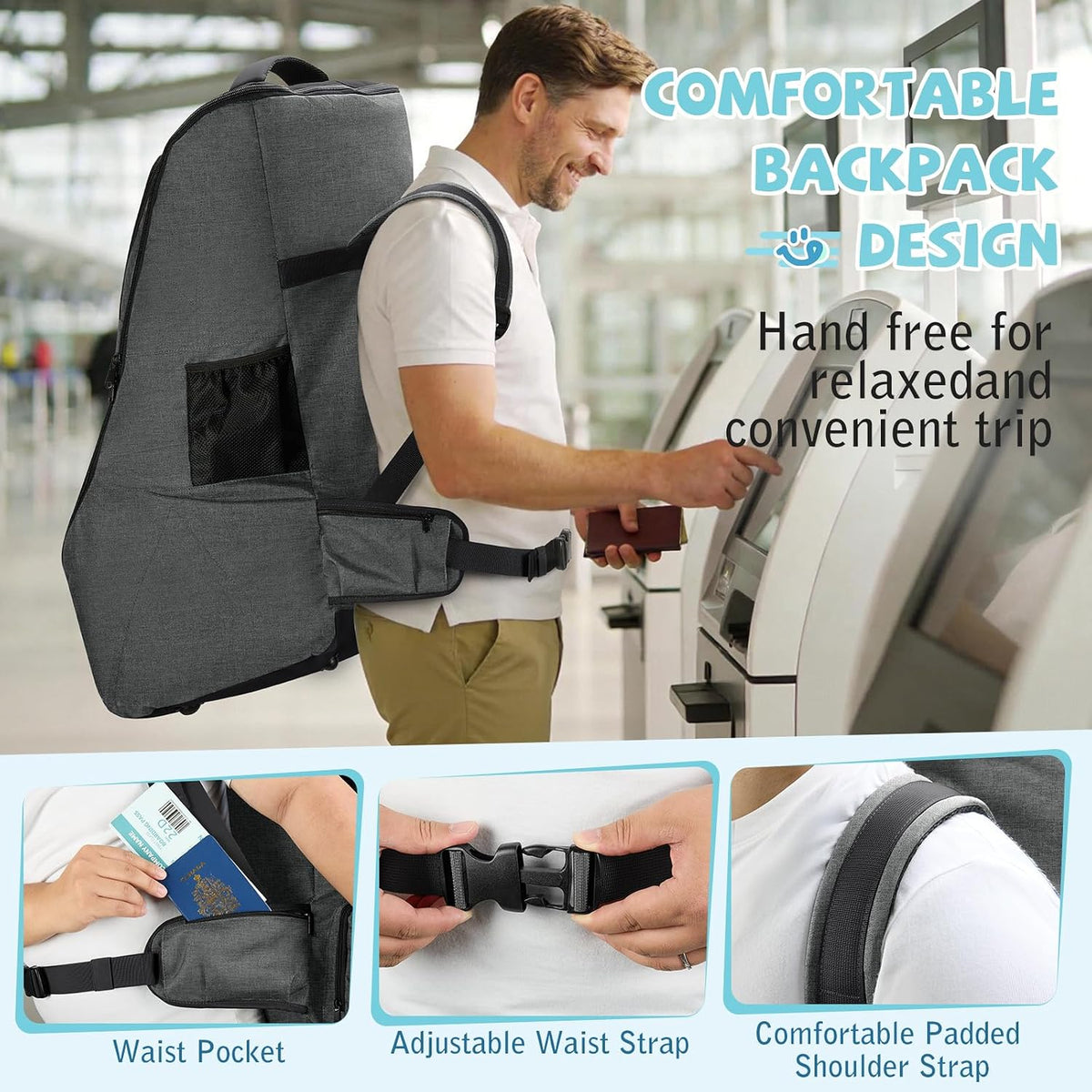 Padded Car Seat Travel Bag for Airplane Car Seat Backpack, Black