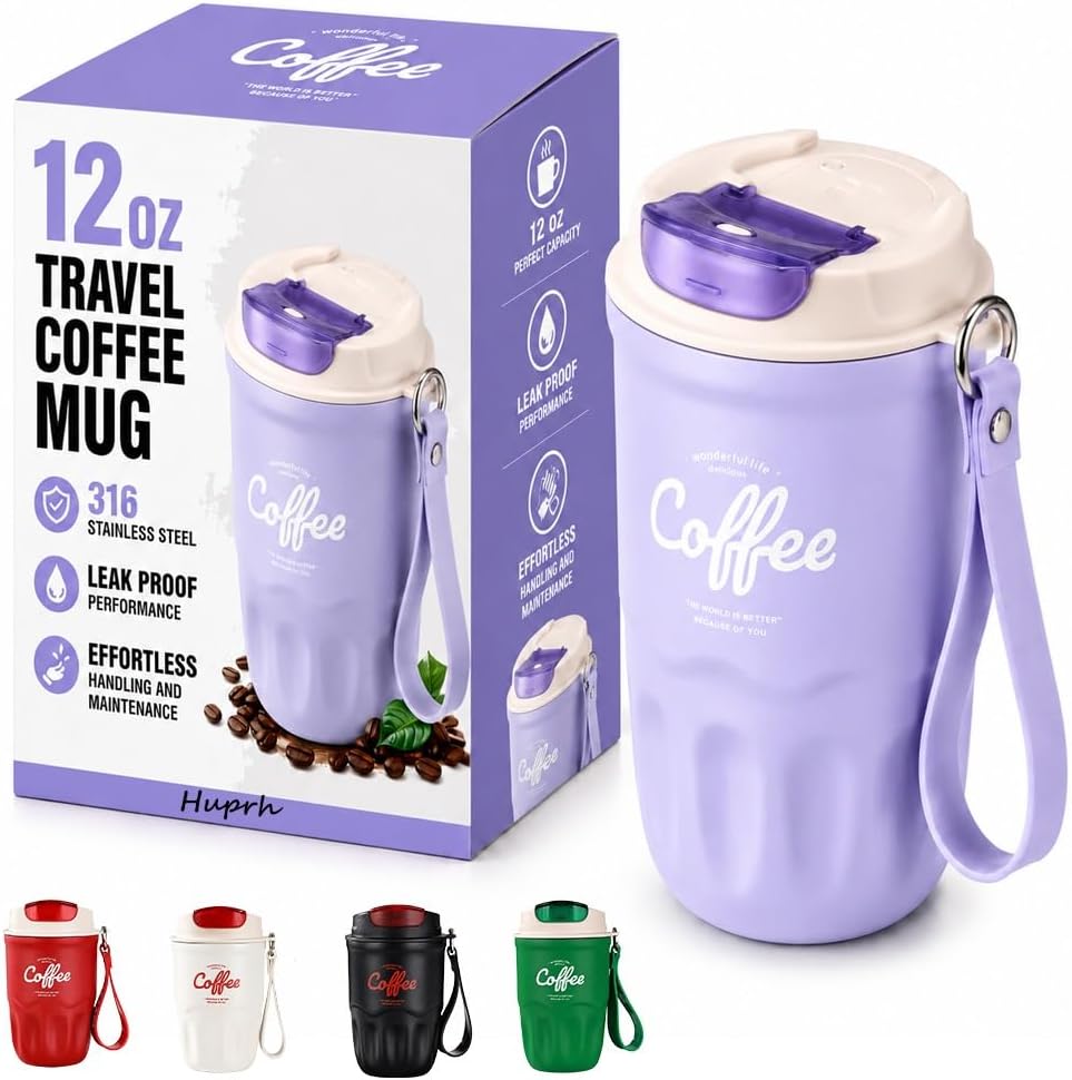 12 Oz Travel Coffee Mug, 316 Stainless Steel Insulated Tumbler with Handle, Portable Vacuum Flask for Hot Cold Drinks, Leak-Proof Thermos Cup for Car Office (Includes Cleaning Brush)