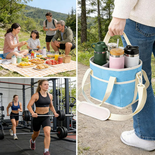 4 Compartment Insulated Drink Bag, Multiple Tumbler Carrier Caddy with Adjustable Strap, Drink Holder for Hiking, Sports & Family Outings (Pink)