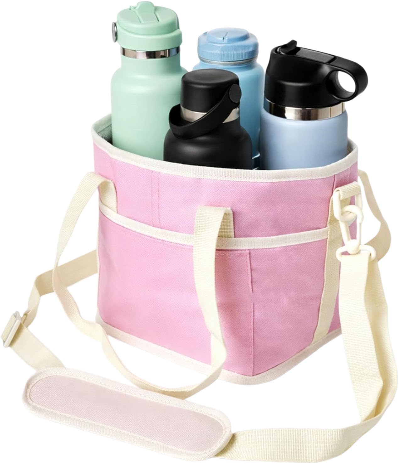 4 Compartment Insulated Drink Bag, Multiple Tumbler Carrier Caddy with Adjustable Strap, Drink Holder for Hiking, Sports & Family Outings (Pink)