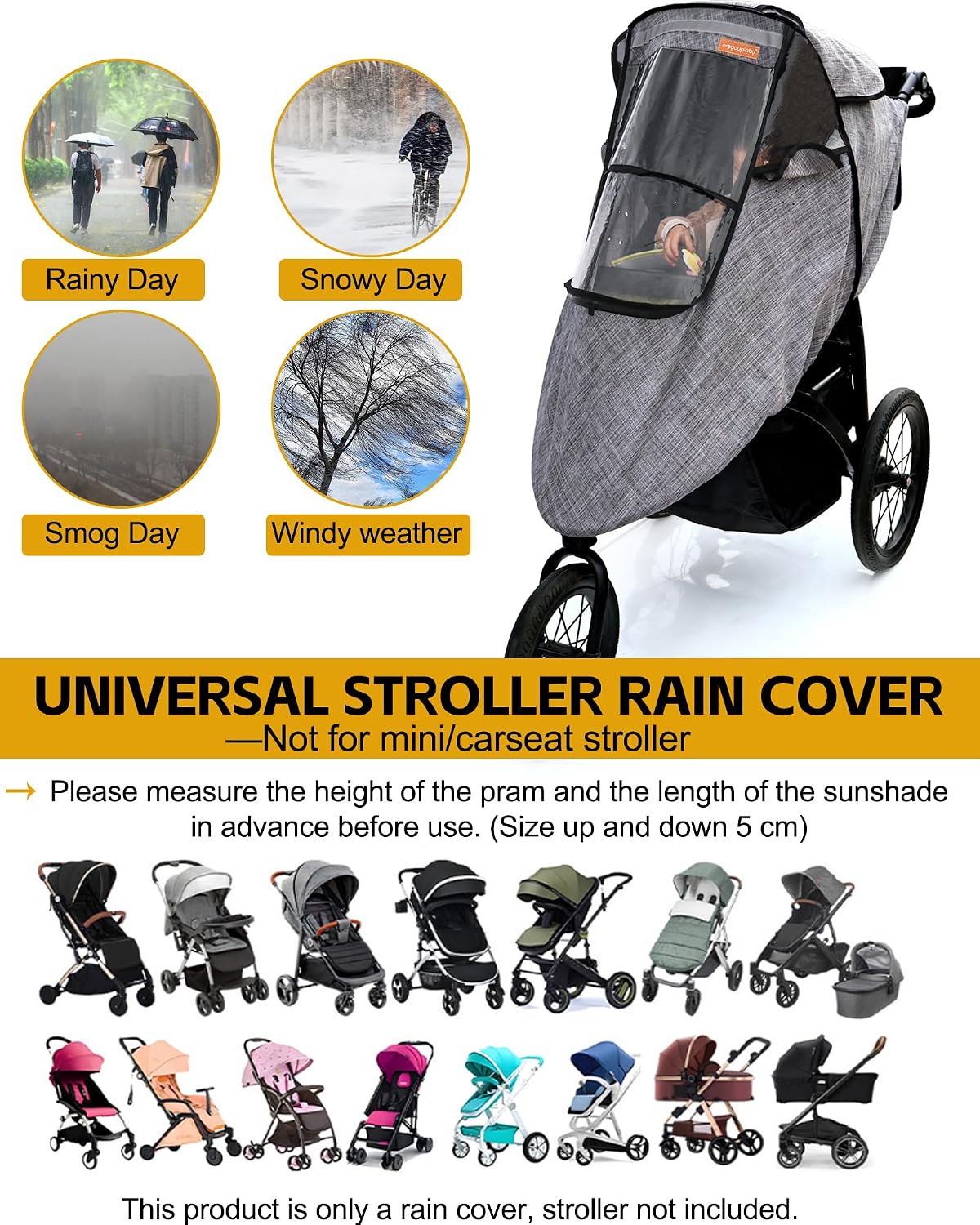 Stroller Rain Cover,Universal Stroller Accessory,Waterproof,Windproof Protection,Protect from Dust Snow,Baby Travel Weather Shield(Grey)