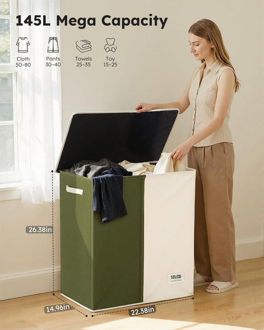 Luxury Double Laundry Hamper with Lid and Removable Bags, 38.3 Gal Large Laundry Bin, Laundry Basket 2 Sections, Collapsible Clothes Hamper for Bedroom, Laundry Room, Bathroom, Off-white
