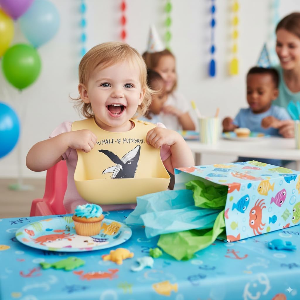 Beachy Sea Life Silicone Bibs for Babies - 2 Pack Sea Life Bibs for Boys and Girls - Easy to Clean Adjustable