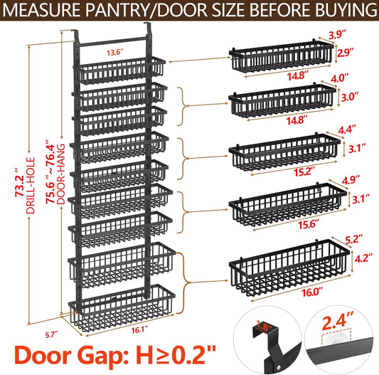 9 Tier Over The Door Pantry Organizer, 2 in 1 Wall Mount or Hanging Spice Rack with Adjustable Deep Basket, Heavy-Duty Seasoning Organizer and Storage for Kitchen Cabinet Closet Bathroom