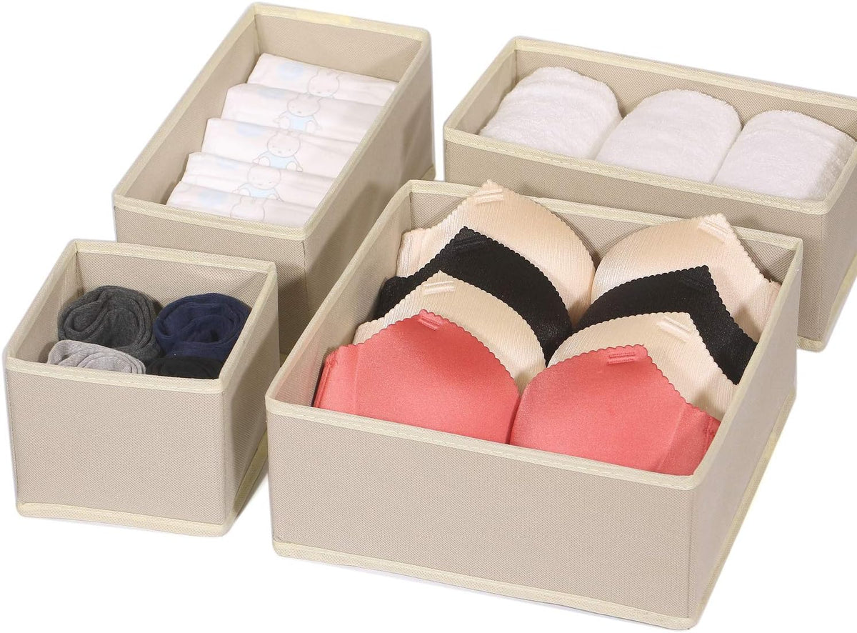 12 Pack Foldable Cloth Storage Box Closet Dresser Drawer Organizer Fabric Baskets Bins Containers Divider for Clothes Underwear Bras Socks Lingerie Clothing, Beige 444
