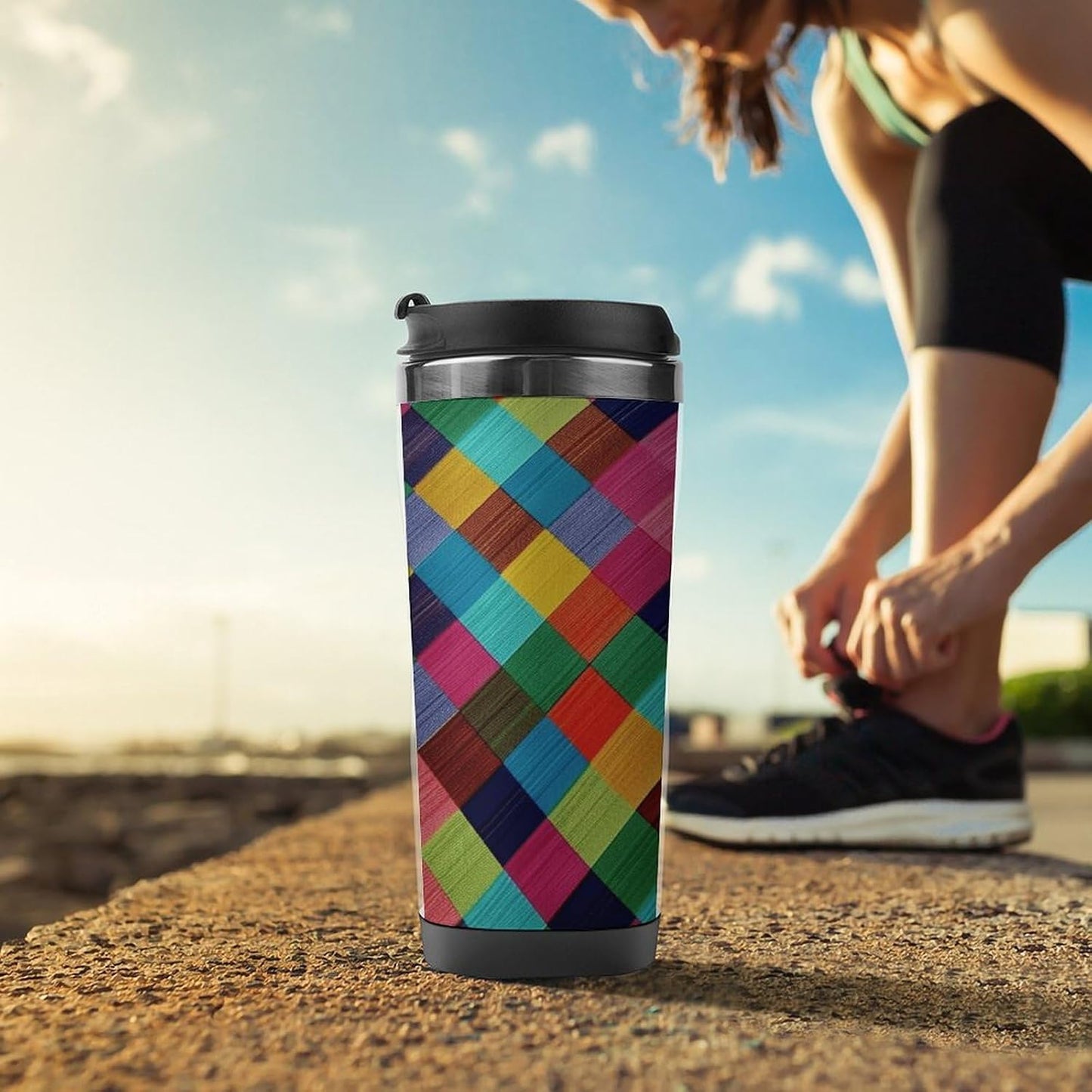13oz Insulated Travel Coffee Mug Reusable Coffee Cup Water Bottle | Colorful Plaid Travel Mug with Leak Proof Lid Double Wall Stainless Steel Coffee Tumbler Personalized Gift