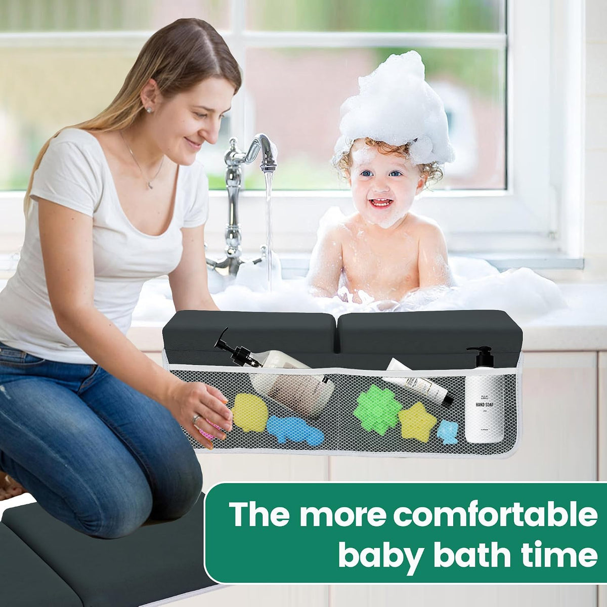 Comfortable Baby Bath Kneeler and Elbow Rest Pad Set, Thick Memory Foam Bath Kneeling Pad with Elbow Support, Baby Bathtub Cushion with Toy Organizer, Non-Slip for Infant or Toddler Bathing