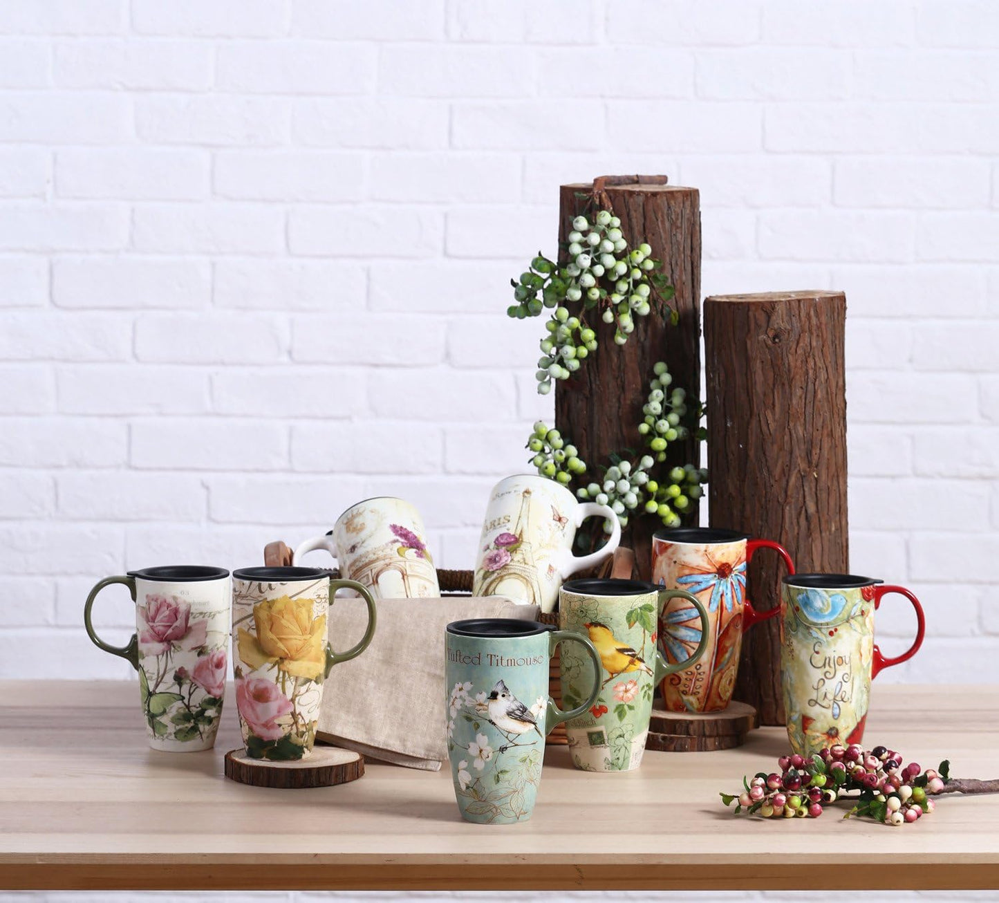 Travel Coffee Ceramic Mug Porcelain Latte Tea Cup With Lid in Box 17oz., Flower Enjoy Life, 2 Pack