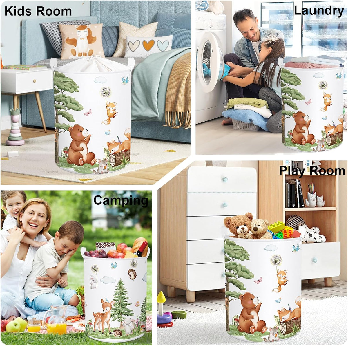 Forest Animals Baby Laundry Hamper Collapsible Clothes Kids Storage Basket Bear Fox Large Boys Girls Gift Toy Box Bin for Nursery, Squirrels, 63L