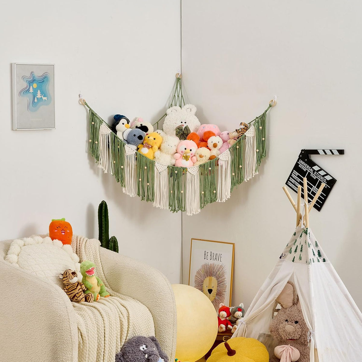 Stuffed Animal Hammock with Weaving Tassels and Beads Sage Green