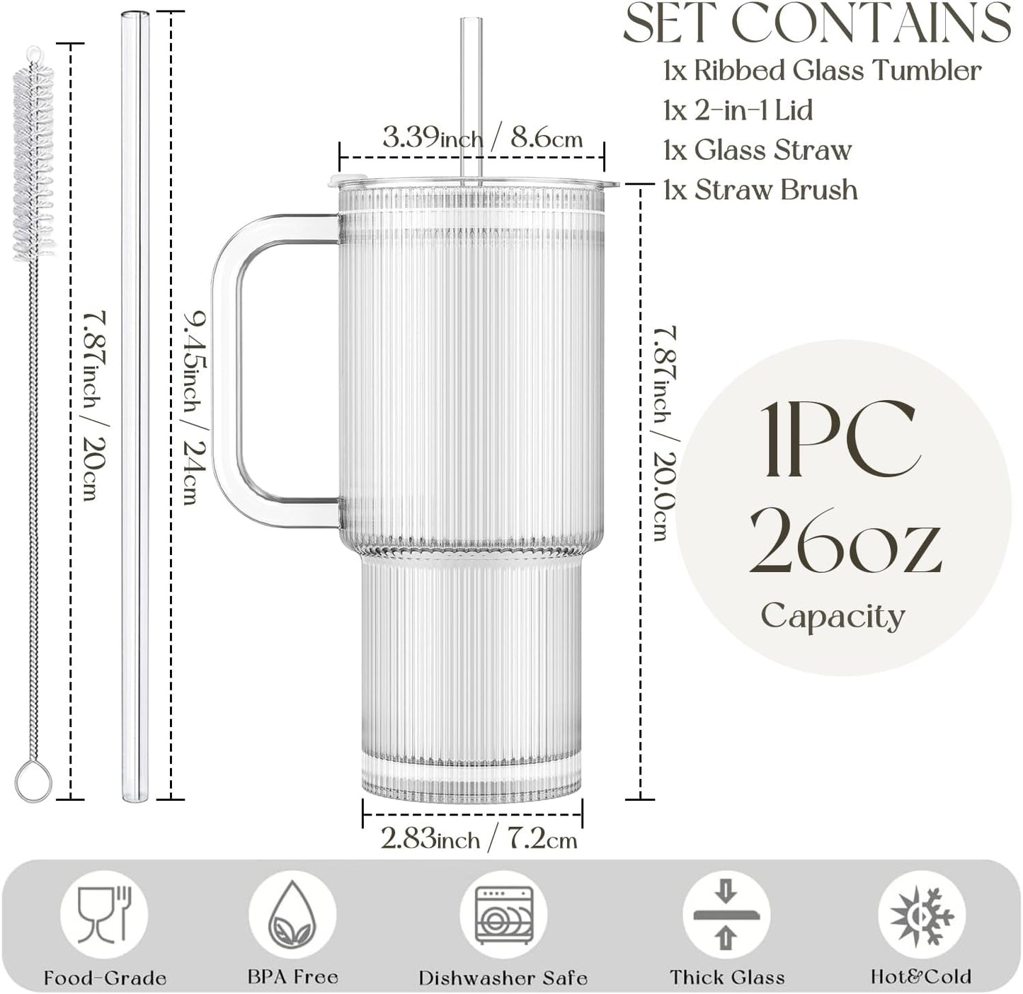 Large 26oz Clear Glass Mug with Handle and Sliding Lid – Aesthetic Ribbed Tumbler for Iced Coffee, Smoothies & Hot Drinks – Reusable Travel Cup with Straw, Dishwasher Safe (Ribbed Tumbler)