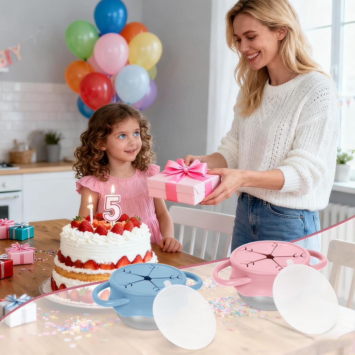 2 Pack Stainless Steel Toddler Snack Cups, Snack Containers for Kids and Baby with Spill Proof Lids and Handles,Dishwasher Safe ((Blue,Pink))