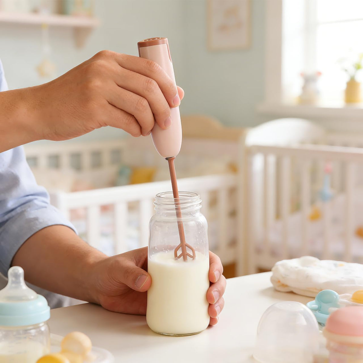 Handle Electric Baby Formula Mixer, Milk Powder Stirrer with 2 Mixing Rods, Portable Bottle Mixer with Long Rod Design Lightweight Cordless Electric Stirrer for Baby Bottle Coffee Protein