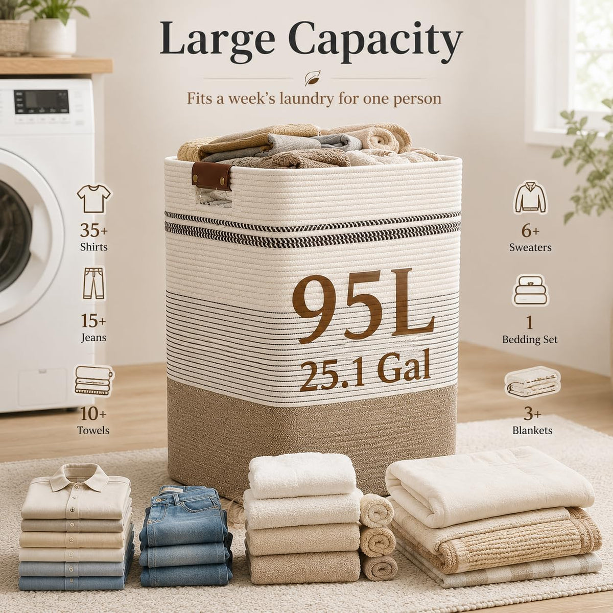 Laundry Hamper, Cotton Rope Laundry Basket with Leather Handles, 21.1-Gallon/80 L Large Clothes Hampers for Laundry, Woven Laundry Baskets for Blankets, Clothing, Bedroom, Living Room, Nursery