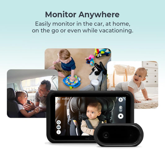 5” HD Touch Screen Baby Car Monitor – Hackproof, No WiFi Baby Camera for Travel and Home, Night Vision, Headrest or Clamp Mount, Baby Reminder Alert - Black