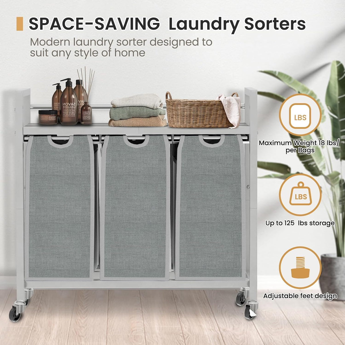 SwaaVee Laundry Sorter, Laundry Hamper 3 Section, 3×11.4Gal, Metal Frame Rolling Laundry Basket with Wooden Top Shelf, Pull out and Removable Laundry Bags, 3 Bags-Black