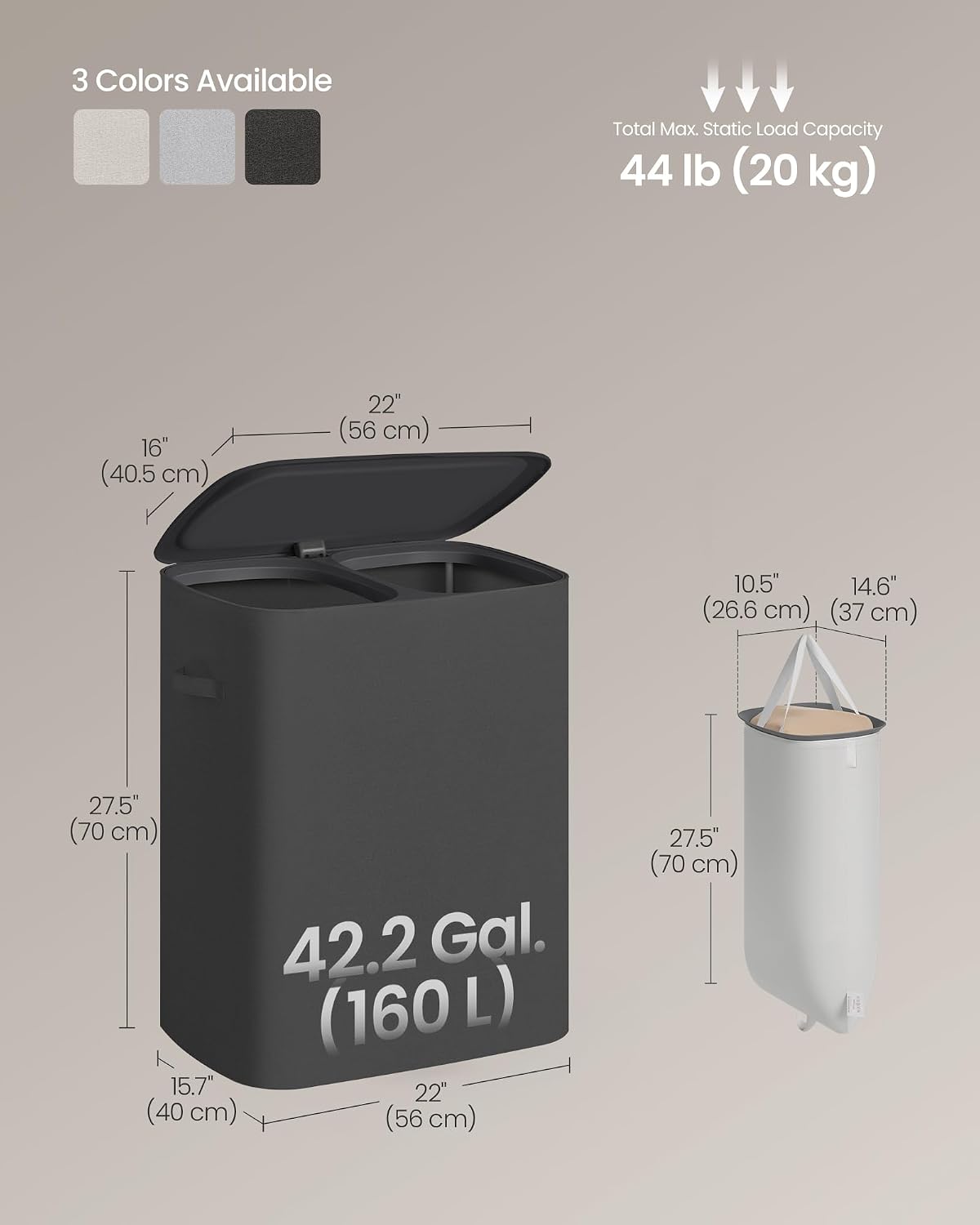 SONGMICS Laundry Hamper with Lid, 160L Laundry Basket, 2 Sections