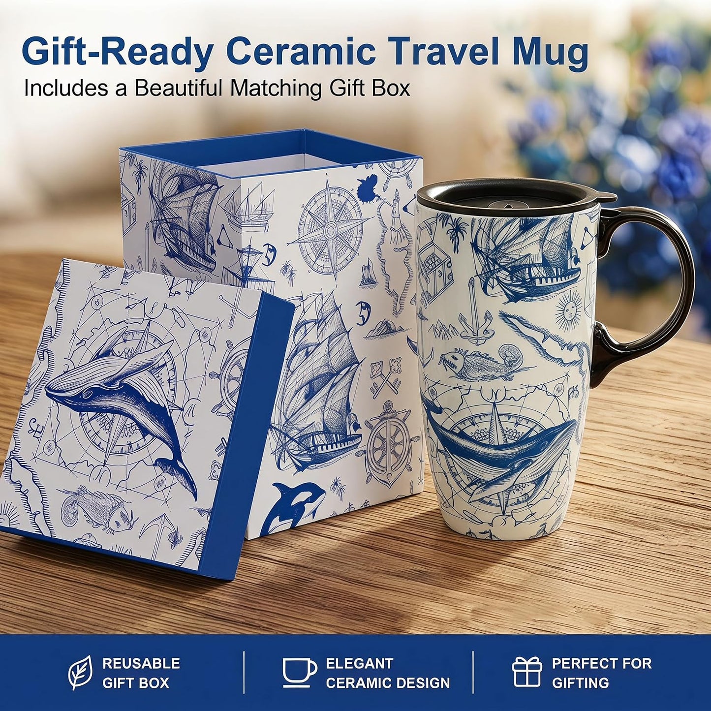 17oz Ceramic Travel Mug with Lid, Great Wave Coffee Mug | 17oz Ceramic Travel Mug • Great Wave Design • Spill-Resistant Lid • Microwave & Dishwasher Safe • Gift Box