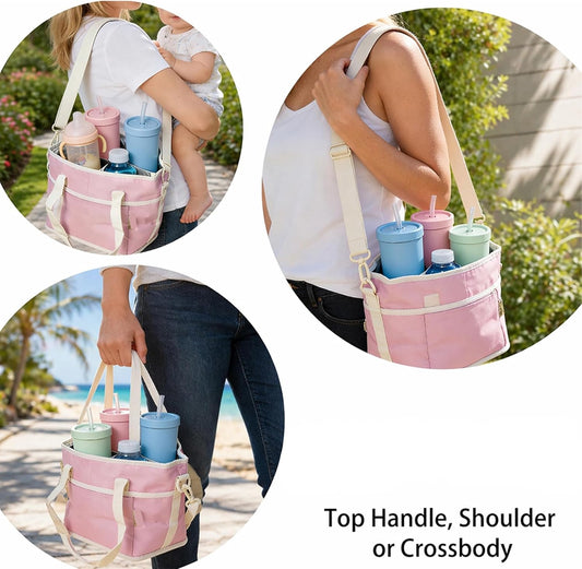 Family Size 4 Compartment Drink Carrier Bag Insulated Multiple Tumbler Holder Caddy with Adjustable Strap and Handle for Travel Sports Family Outings (Light Pink)