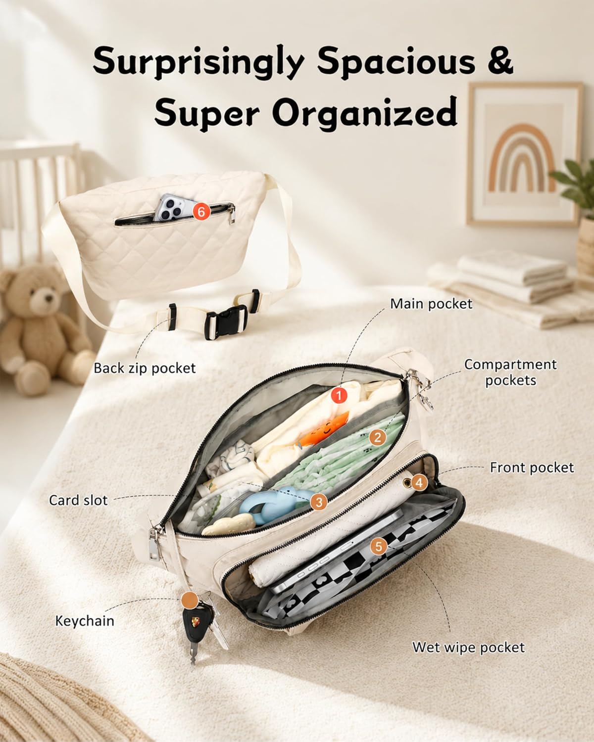 Small Diaper Bag Fanny Pack - Baby Bag with Waterproof Changing Pad and Wipes Dispenser Quilted Nylon Crossbody Bags for Mom Baby Compact Diaper Purse Cross Body Purses
