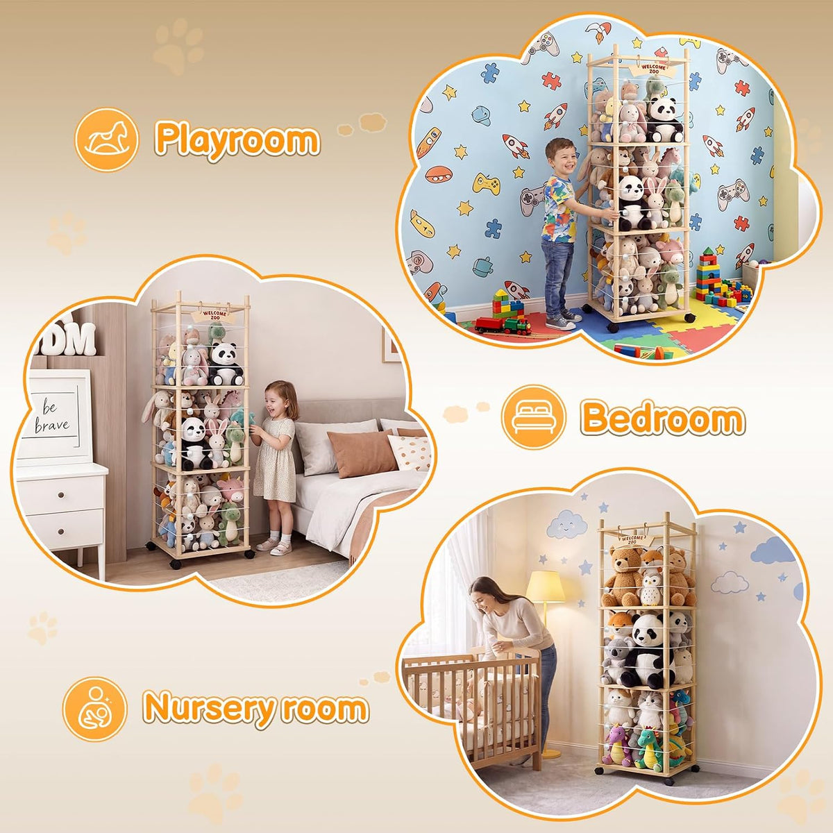 Stuffed Animal Storage, Toy Organizer and Plushies Storage Wooden Holder Zoo for Playrooms, Bedrooms & Nursery
