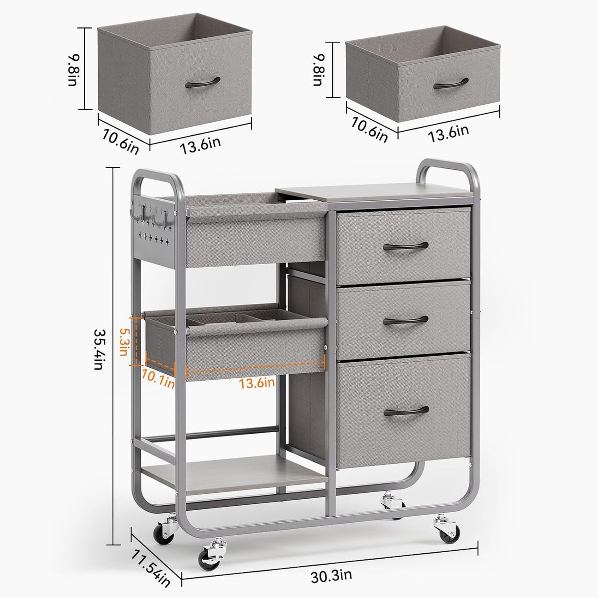 Baby Diaper Caddy Organizer and Storage Cart with Cloth Drawers | 3 Tier Metal Rolling Cart, 2-in-1 Large Capacity Mobile Utility Cart for Nursery, Bedroom, Changing Table & Crib