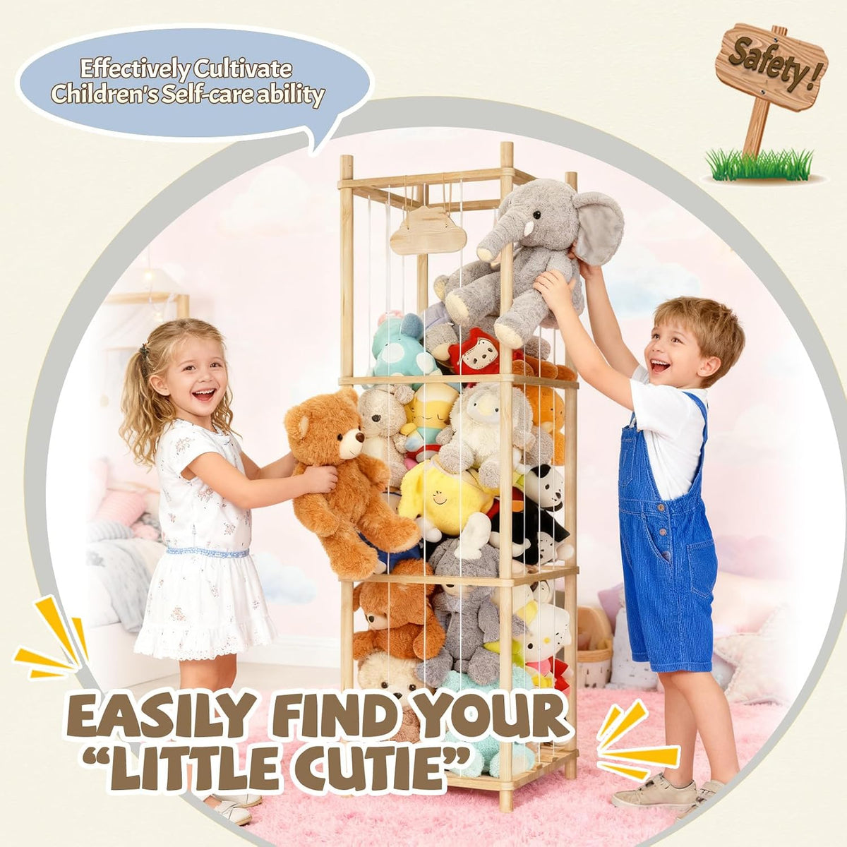 Stuffed Animal Storage Large Capacity Organizer, Soft Toy Storage Holds 50+ Stuffed Animals, Natural Pine with Smooth Rounded Edges, Stuffed Animal Zoo for Bedroom Playroom Room Decor