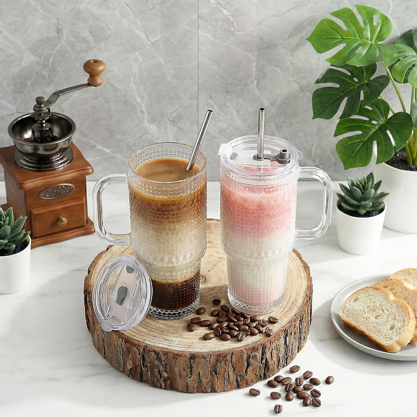 Thick Hobnail Glass Cup with Lids and Straws 18 oz, 2 Pack Upgraded Version Iced Coffee Tumbler Cups with Stainless Steel Straws and Leak-proof Sealing Lid