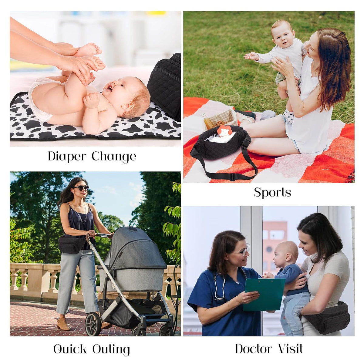 Small Diaper Bag with Portable Changing Pad, Crossbody Diaper Bag Pack with Wipes Pocket for Mom and Dad, Mini Diaper Bag Fanny Pack for Baby Travel, Black