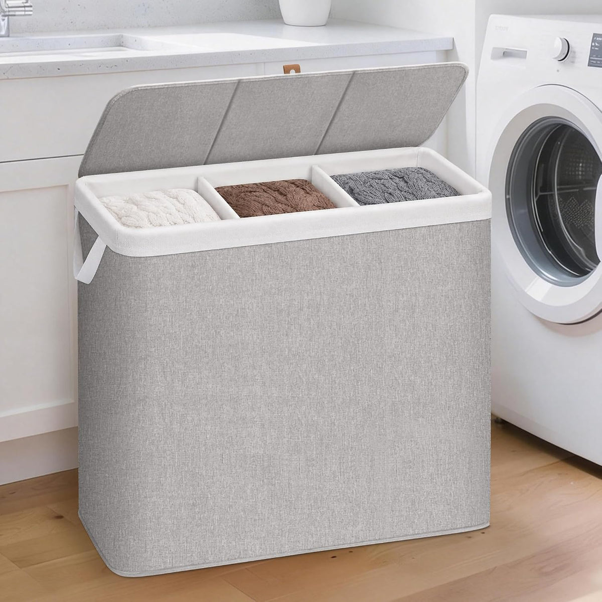 Triple Laundry Hamper with Lid, Metal Frame Laundry Baskets