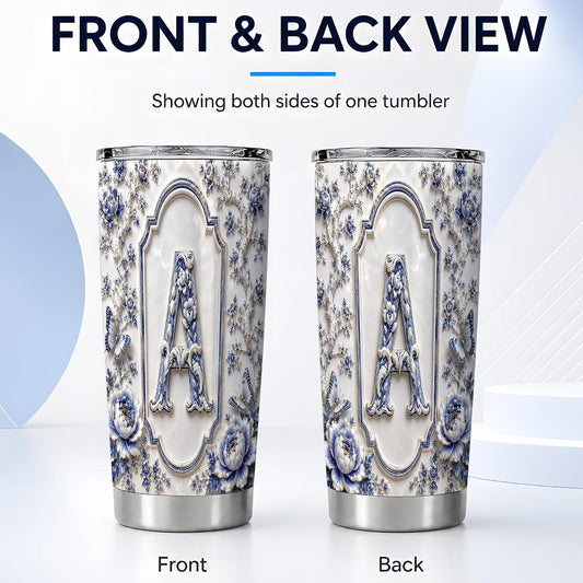 Ivory Porcelain Monogram A Tumbler 20 oz, Initial Letter A Travel Cup, Daily Coffee Commute, Embossed Blue Flowers With Gold Trim, Butterfly Vine Pattern, Women Office Drivers