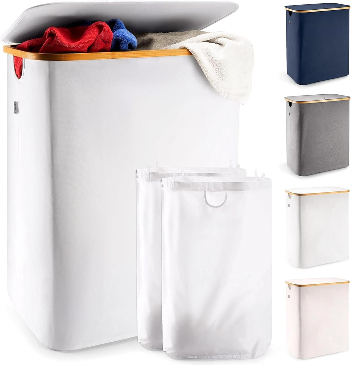 Laundry Basket with Lid, Made from Breathable Fabric | Aesthetic Clothes Hampers for Laundry with Side Handles & Sturdy Bamboo Frame (40 Gallons - Double, Gray)