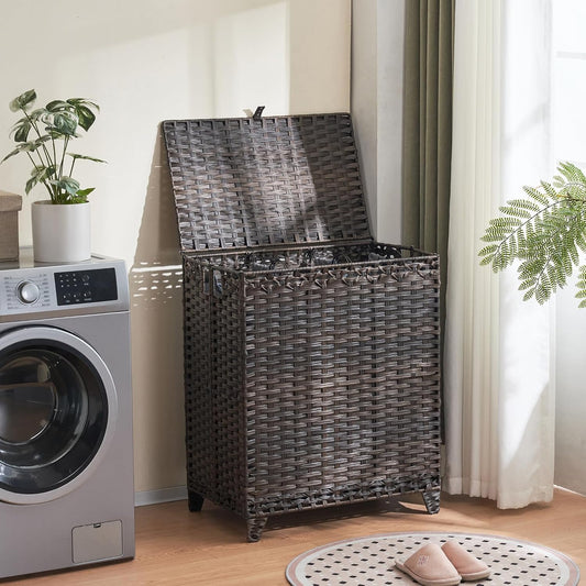 Laundry Hamper with Lid, 190L Large Laundry Basket 3 Section with 6 Removable Liner Bags & 3 Mesh Laundry Bags, Handwoven Rattan Clothes Hamper with Heightened Feet, No Install Needed, Natural