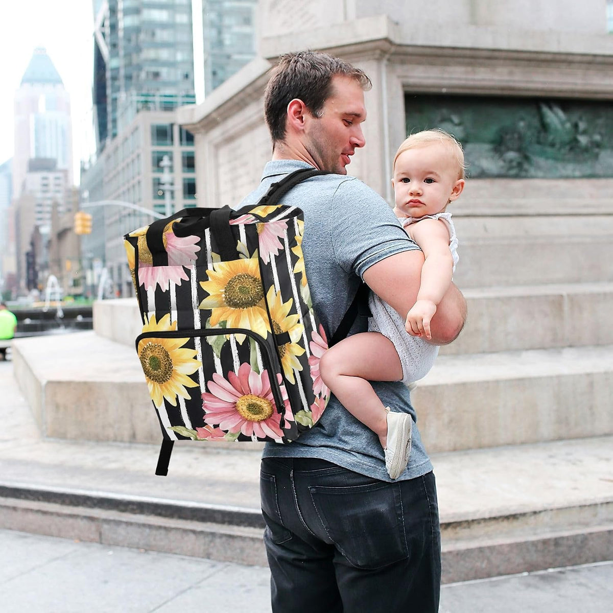 Diaper Bag Backpack, Multifunction Travel Bag for Moms Dads, Baby Changing Bag with Insulted Pockets, Stroller Straps and Side Bottle Pockets Floral Stripe Pattern