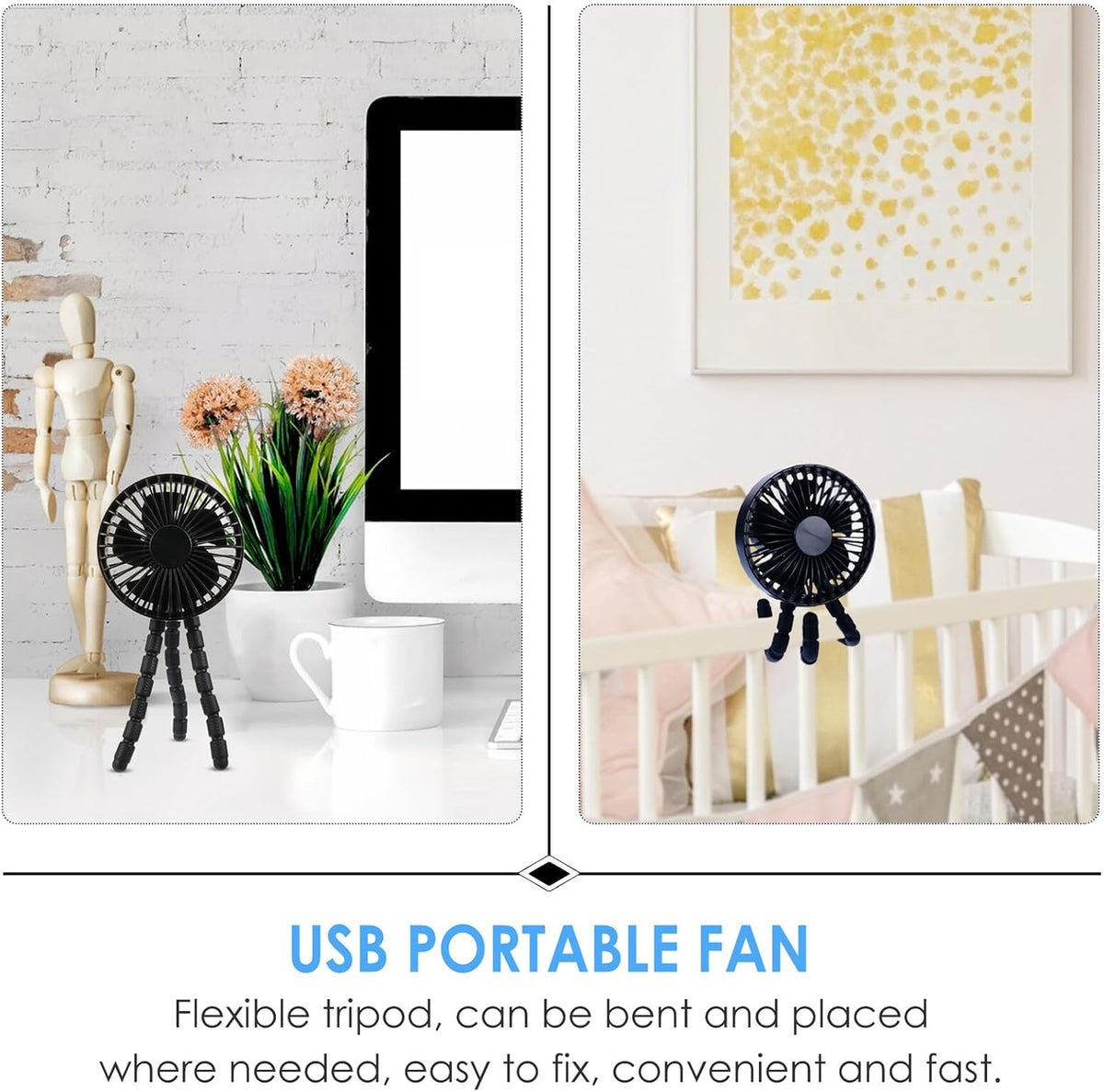 Portable Stroller Fan with Flexible Tripod Stand, Mini Rechargeable Mute Cooling Fan for Strollers and Outdoor Use, Black