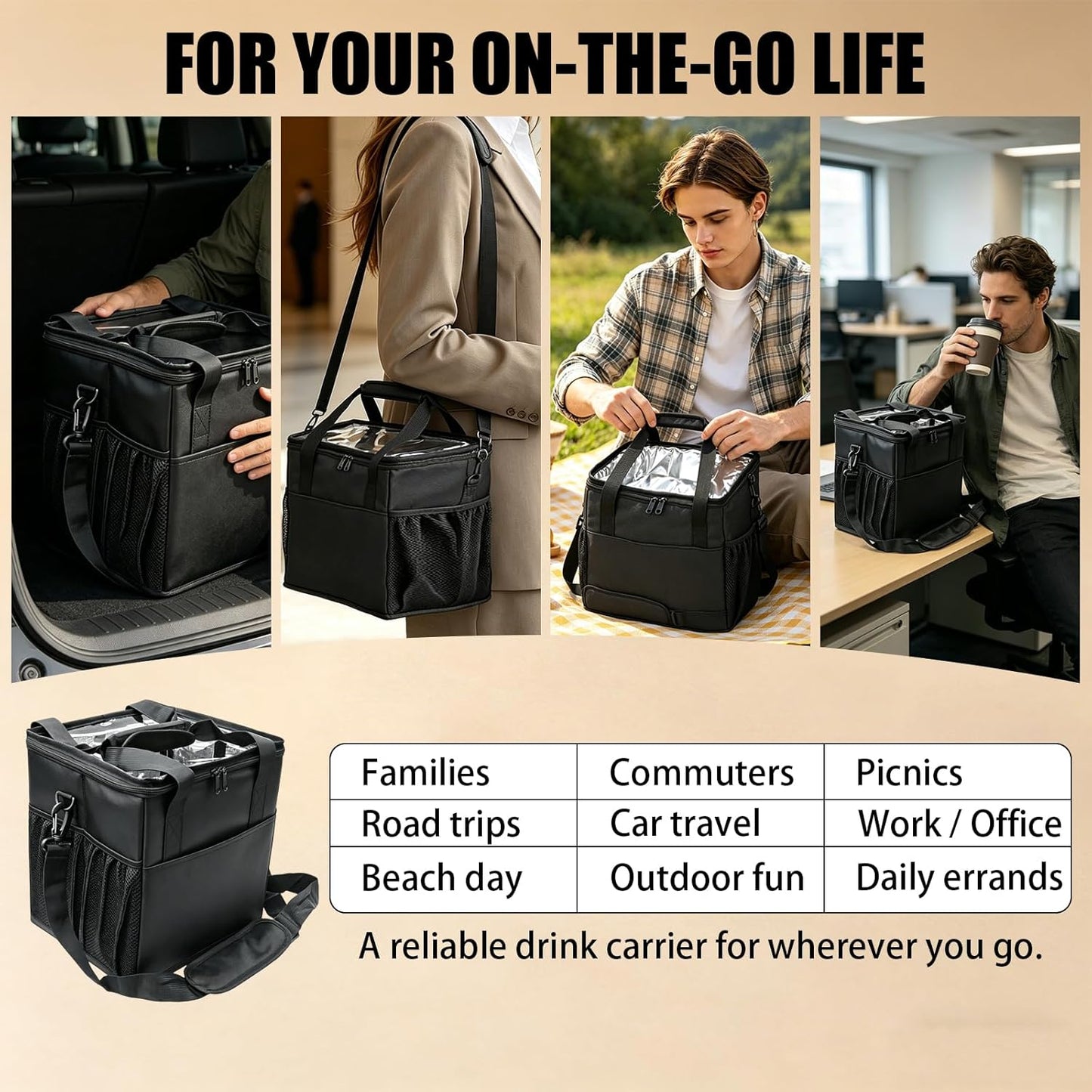 Reusable 4 Cup Insulated Drink Carrier Bag, Portable Coffee Cup Holder with Adjustable Shoulder Strap & Foldable Design, Water Bottle Caddy with Adjustable Dividers for Beverage, Travel & Delivery