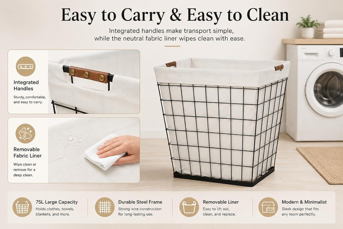 Steel Wire Laundry Hamper with Removable Cotton Blend Liner, 75L Rectangular Laundry Basket Ideal for Laundry, Storage, Decorative,Cream