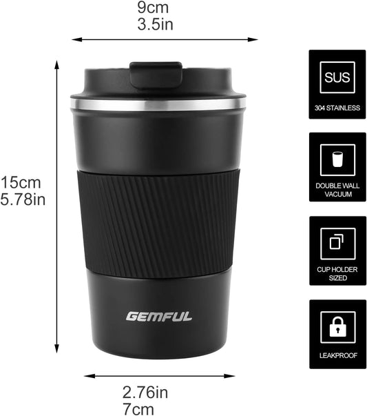 GEMFUL 13oz To Go Coffee Mug, Stainless Steel Insulated Tumbler (Black) | Vacuum-insulated Mug for Daily Commute, Durable Stainless Steel, Spill-proof Lid, BPA-free, Leak-proof, Keep Hot/Cold