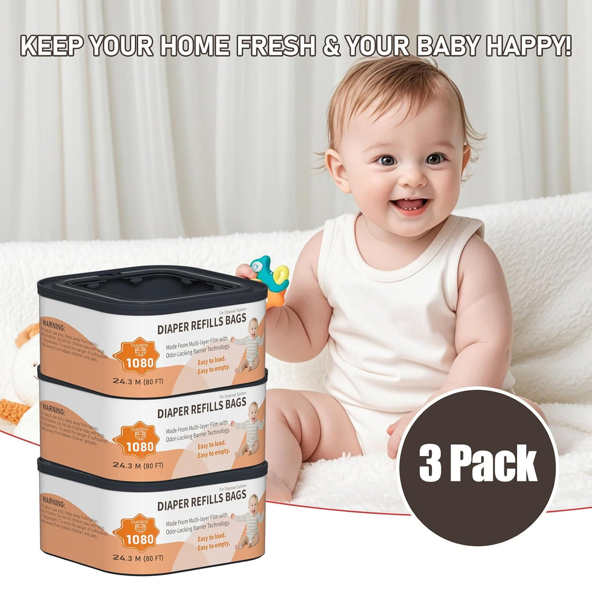 Jumbo+ Square Refills Disposal Bags Refill Compatible with Diaper Genie Compact, Classic and Select Pails, Hold Up to 1080 Newborn-Sized Diapers Per Refill, 4 Pack