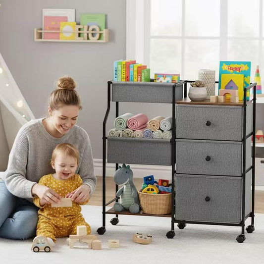 Baby Diaper Caddy Organizer and Storage, 3-Tier Rolling Nursery Cart with Drawers & Dividers, Mobile Utility Storage Cart with Wheels for Baby Essentials, Bedroom, Changing Table, Darkgrey