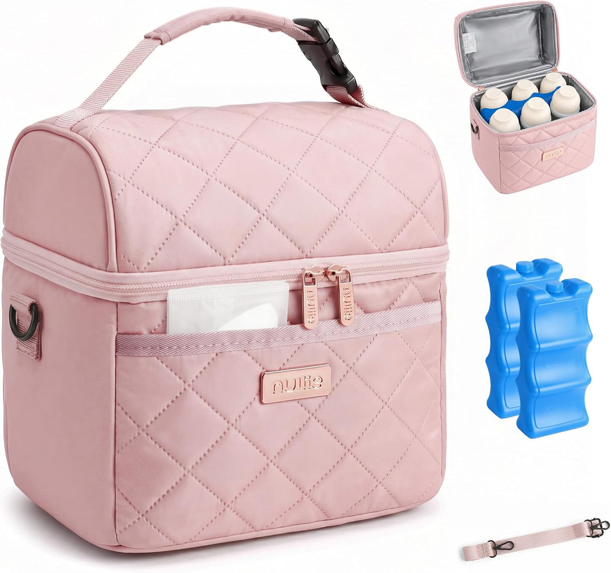 Breastmilk Cooler Bag with 2 Ice Packs, Fits 6 Baby Bottles Up to 10 Ounce, Four Layer Insulated Baby Bottle Bag for Daycare, Breast Milk Cooler with Pocket, Strap & Buckle, Waterproof, Grey