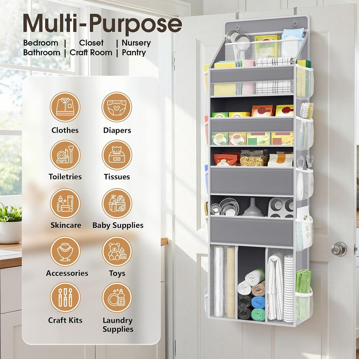 5-Tier Over the Door Organizer for Nursery Hanging, Gray