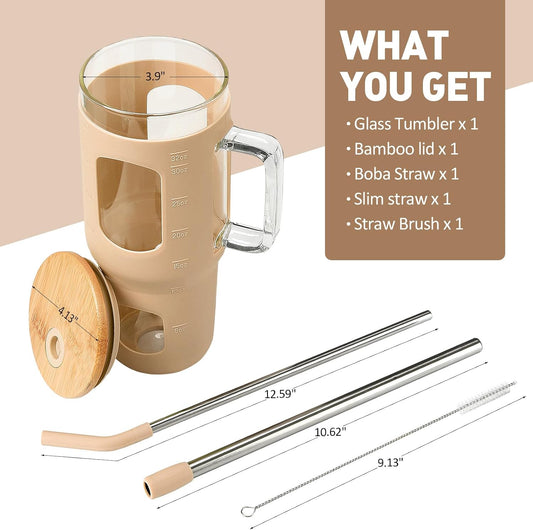 Glass Tumbler with Lid, 32 oz Glass Cup with Handle, Glass Water Bottles with Time Marker, 2 Straws - Pearl Straw & Silicone Protective Sleeve - Olive