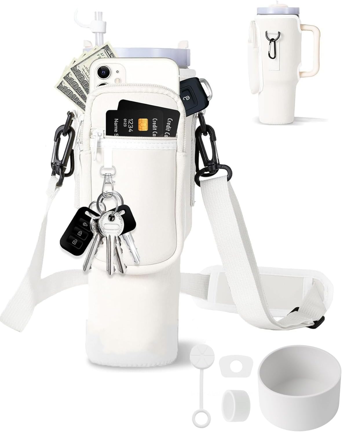 Water Bottle Carrier Bag with Phone Pocket for Stanley, Neoprene Water Bottle Holder Pouch with Adjustable Strap Bollus with Straw Cover & Carabiner for Stanley Cup Accessories