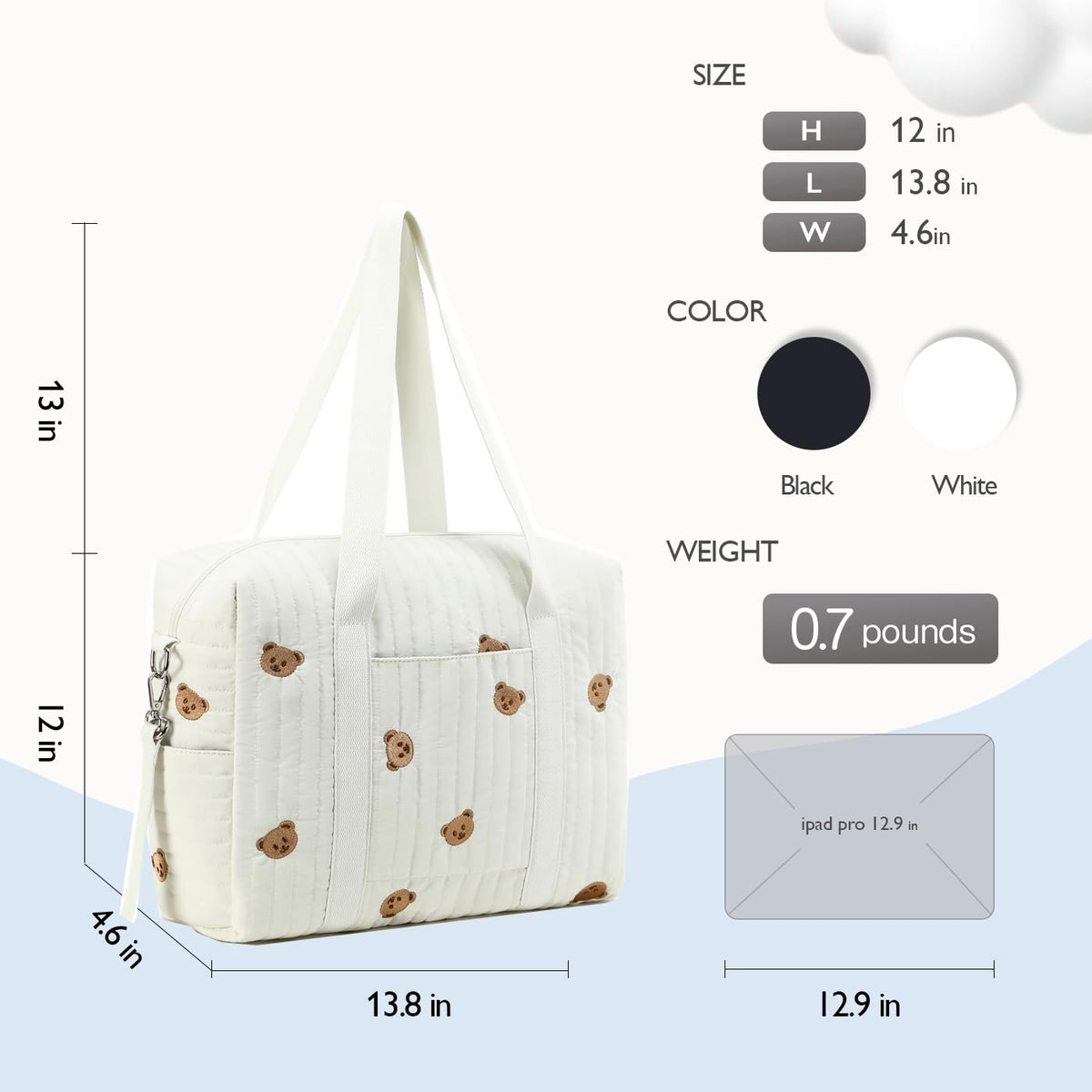 Diaper Bag Tote with Insulated Pockets and Stroller Hooks for Travel (White, Medium)