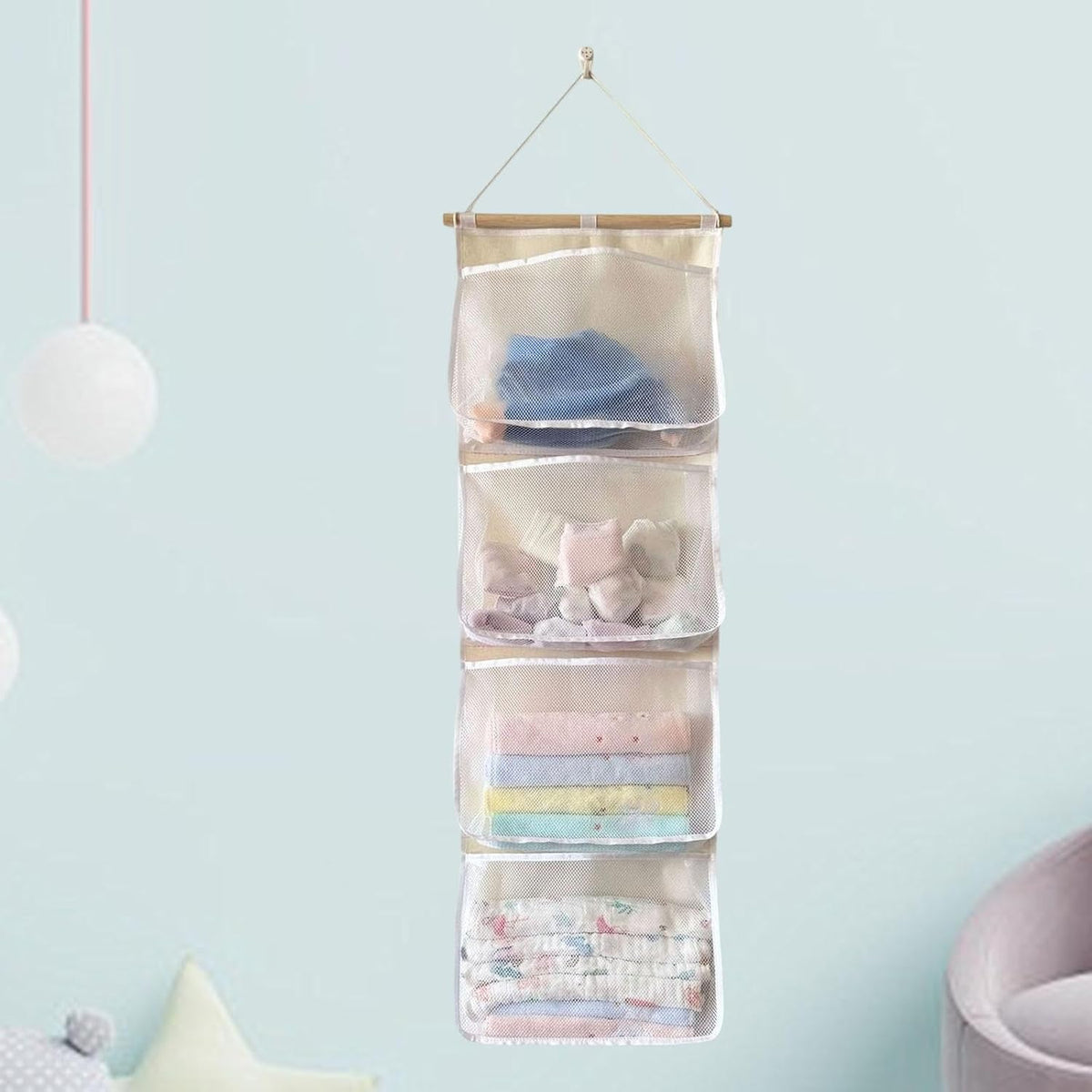 Hanging Storage Bag for Over Door Organizing Pocket Organizer Mesh Hammock Four Large Pockets Breathable Holder Suitable for Kids Room, Pink