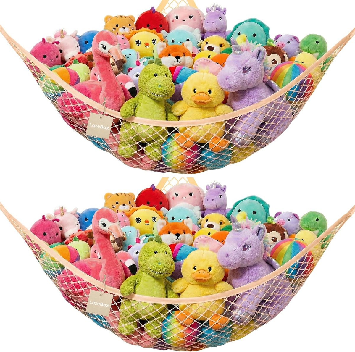 Stuffed Animal Net Hammock for Plushie Toys, Stuffed Animal Hammock Corner for Kids' Room Decor, Ideas for Organizing Stuffy Collection, Pink, L (67" x 40" x 40")-Pack of 2
